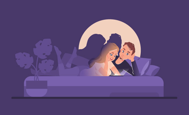 智能手机屏幕观看电影夫妇在床上玩手机卡通人物在晚上阅读社交媒体网络聊天和视频休闲消遣矢量移动成瘾图