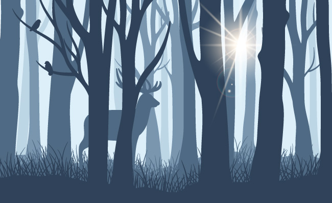 在森林景观的鹿狂放的母鹿或驯鹿剪影到与阳光的黑暗的树林树背景里通过雾传染媒介例证鹿在森林景观