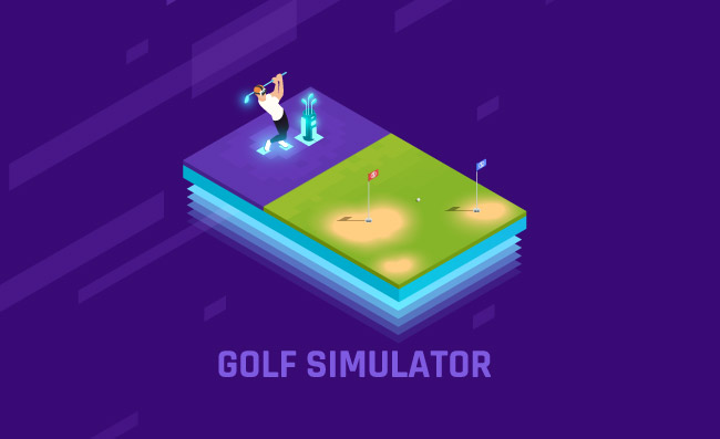 紫色背景矢量高尔夫模拟器等距组成训练插图