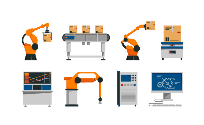 自动化机械手臂图标机器人输送机矢量图