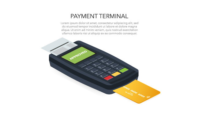 POS终端通过借记卡确认付款矢量插图
