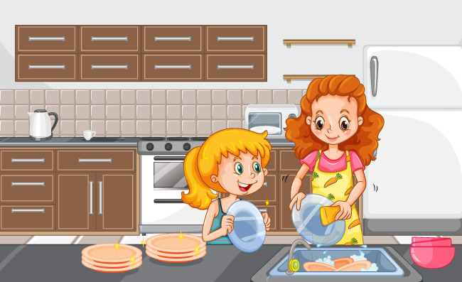 厨房里帮妈妈整理的女孩和洗碗的妈妈