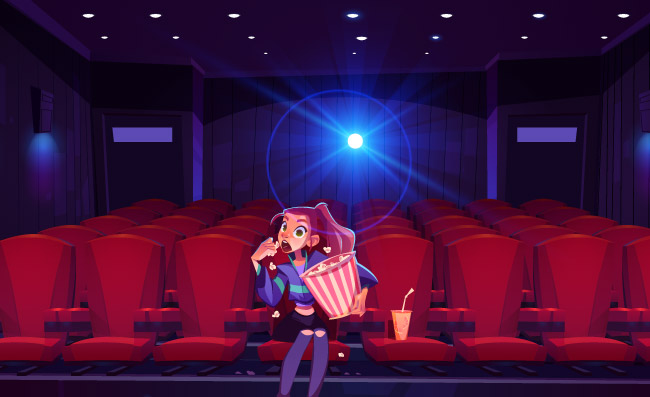 独自坐在电影院里的年轻女子手里拿着爆米花桶看着非常有趣的电影卡通矢量图