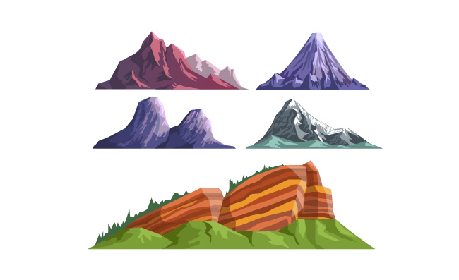 不同形状颜色的山脉高耸的雪峰岩石地貌沉睡的火山陡峭的悬崖自然景观矢量图