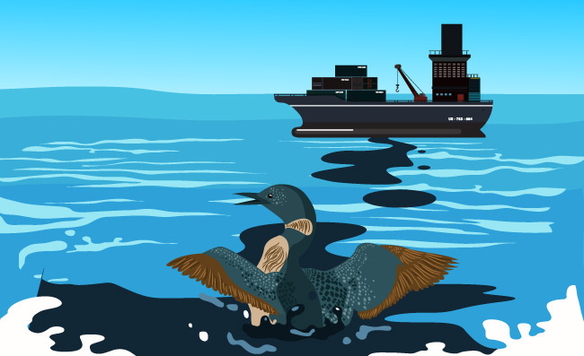 被石油困住的海鸟海洋污染海鸥石油油轮矢量海报