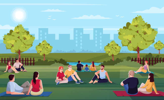 城市公园矢量图朋友们一起晒太阳家庭户外休息坐在草地上休息的人群卡通人物