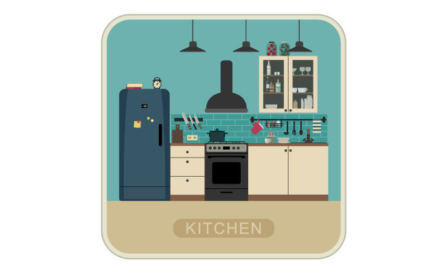 复古厨房内部家具和设备插画