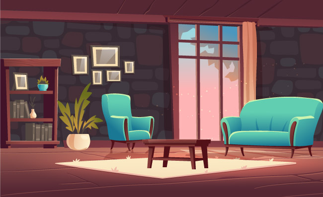 豪华的客厅内饰燃烧的壁炉古典风格的家具沙发扶手椅家庭卡通矢量插图