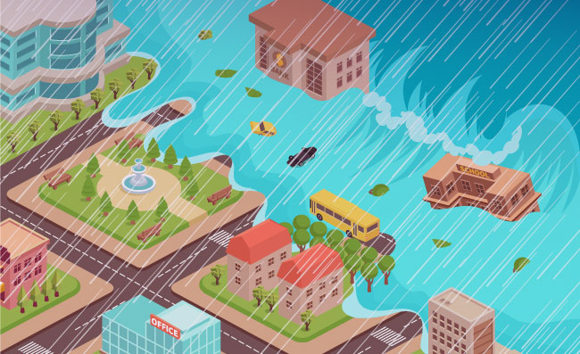 城市景观洪水灾难潮汐矢量插图