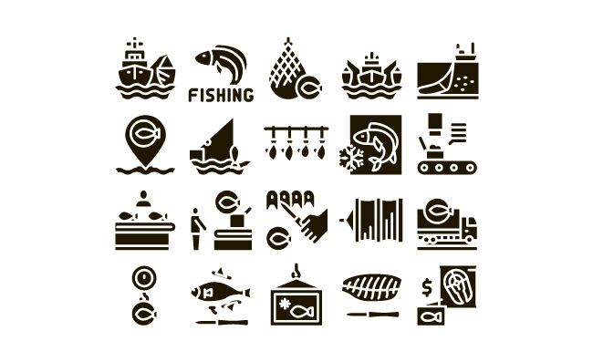 捕鱼业商业运作渔获船鱼干燥和冻结工厂输送机形图黑色插图矢量