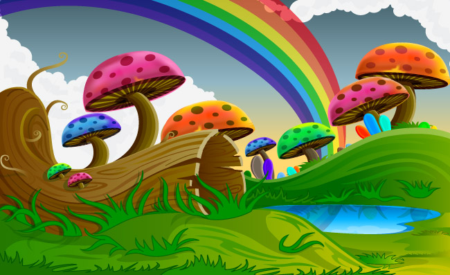 大自然蘑菇彩虹草地