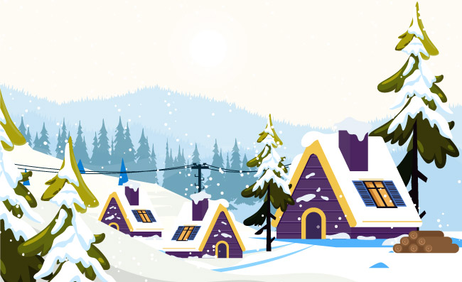 冬季风景背景雪屋插图