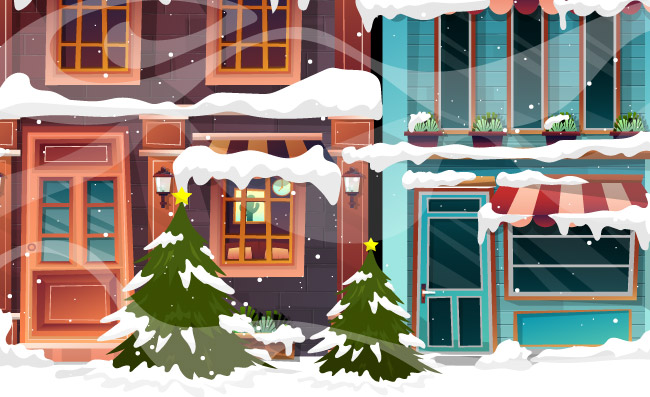 冬季风景圣诞树和雪人城市景观降雪插图