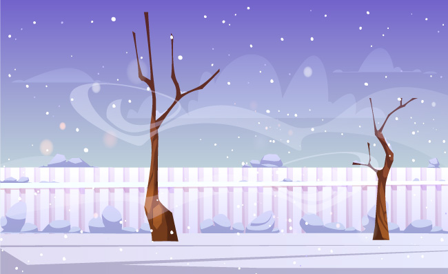 冬季景观光秃秃的树木栅栏白雪和风空旷的院子矢量卡通插图