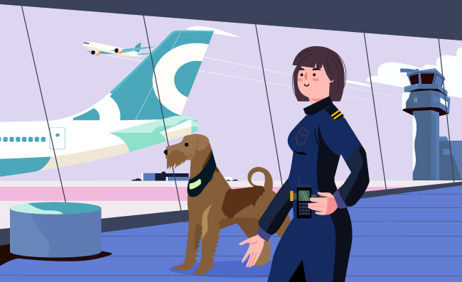 机场警察女人与她的狗矢量插图