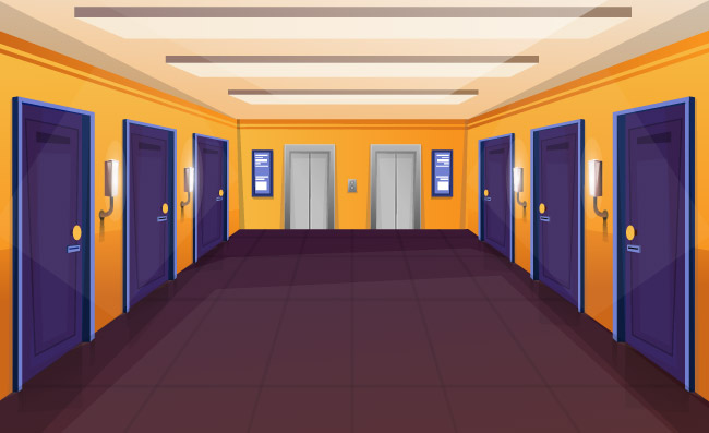酒店走廊空荡荡的旅馆走廊内部电梯门汽车旅馆大厅矢量插图