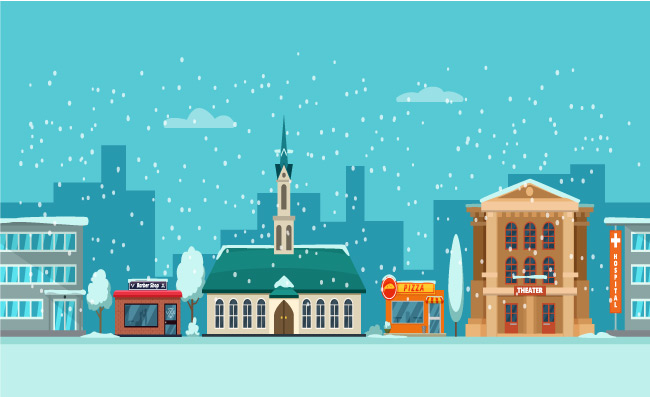 冬季下雪的城市景观卡通风格都市城市街道冬天矢量图片
