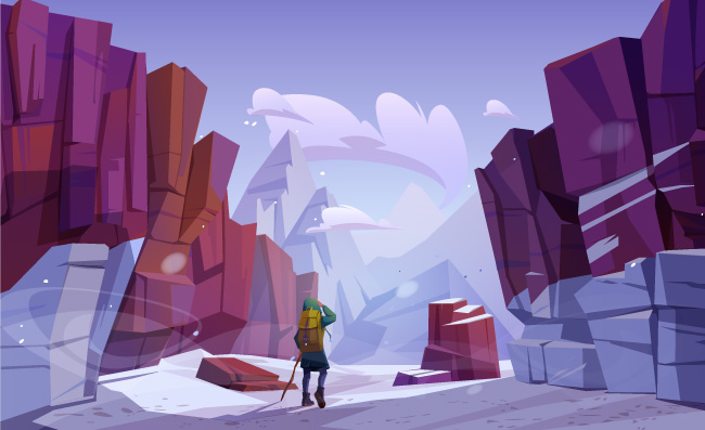 冬季山区的旅行者冒险游客岩石雪景徒步旅行卡通矢量图