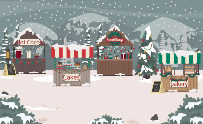 冬季下雪手绘圣诞市场跳蚤市场夜市图