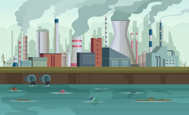 都市工厂生产肮脏的污水排放污染河流城市烟雾垃圾工厂厂房图片