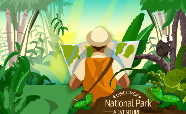 多彩的热带森林景观海报灌木丛树枝和旅行者卡通风格矢量图