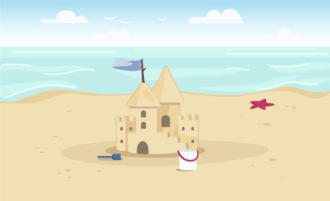 儿童玩耍海边沙滩堆积的城堡