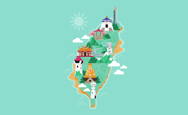 带有地标的台湾地图
