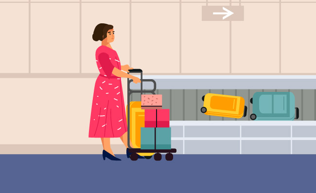 卡通女人在机场从传送带上拿起袋子和手提箱乘飞机旅行矢量简单插图