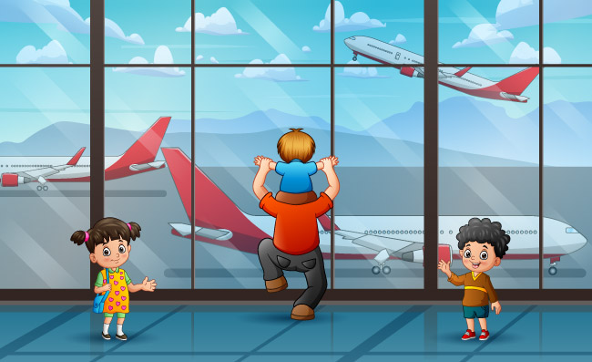 卡通人物在机场插图与飞机视图落地玻璃窗可爱孩子在航站楼等待登机矢量插图