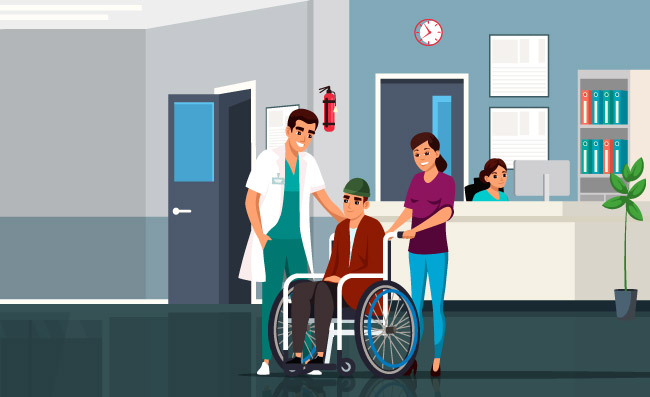 卡通医院场景轮椅残疾人的现代诊所医生治疗师和护士