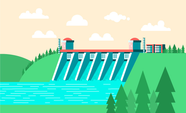 发电厂插图矢量绿色能源水利发电厂大坝插图