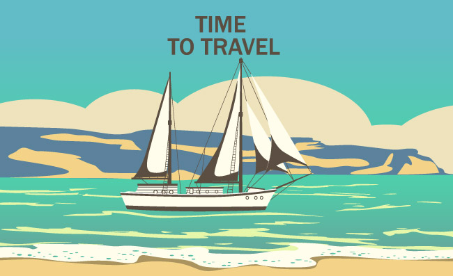 帆船航海海洋航行游艇或旅行船海景矢量图