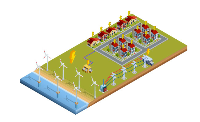 发电站环保清洁风力涡轮发电机站房屋矢量图