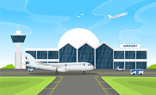 飞机在跑道机场航站楼建筑景观天际线图