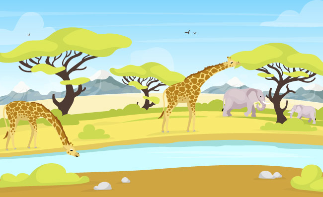 非洲保护平面矢量图。长颈鹿和大象靠近浇水的地方。河流穿过大草原。绿色景观。全景风光。南方动物卡通人物