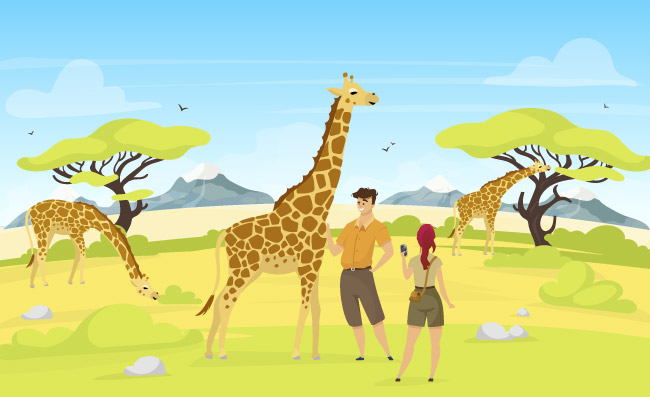 非洲大草原上的长颈鹿男女游客动物和人卡通场景图