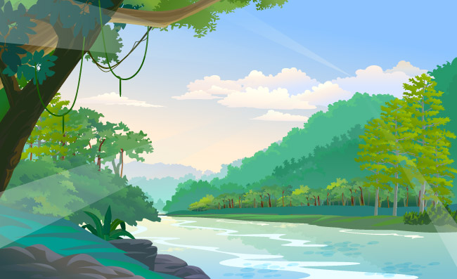 风景背景模板森林河流素描
