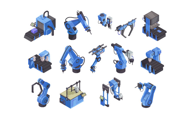 等距机器人自动化颜色图标设置与蓝色机器人手臂和工具矢量图