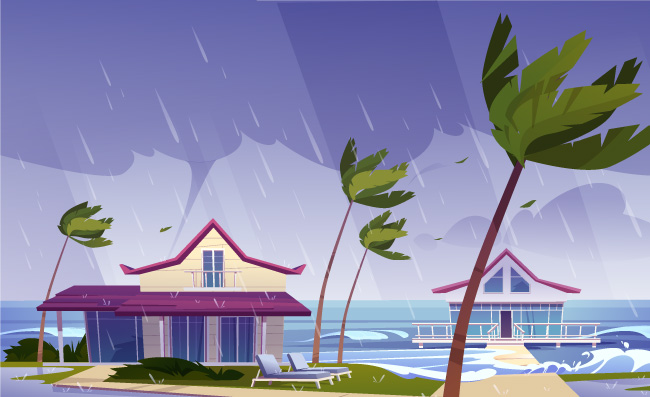 风雨如磐的海洋矢量卡通景观海边风暴与龙卷风热带海滩平房棕榈树海岸别墅飓风风暴图片