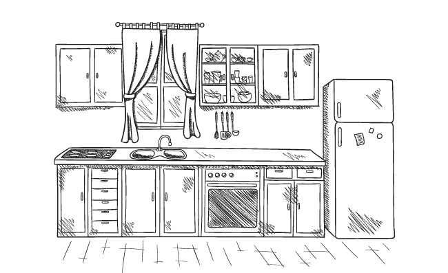 手绘整洁厨房矢量素材