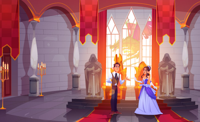 王子和公主在城堡,大厅雕像和柱子浪漫童话卡通矢量插画