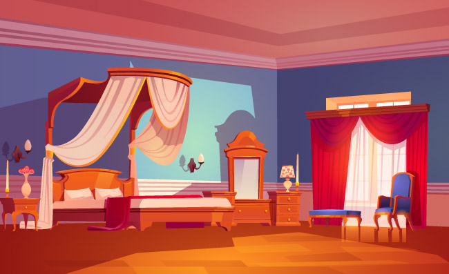 卧室皇家内饰豪华木制家具和装饰、带薄纱天篷的床沙发和床头柜卡通矢量图