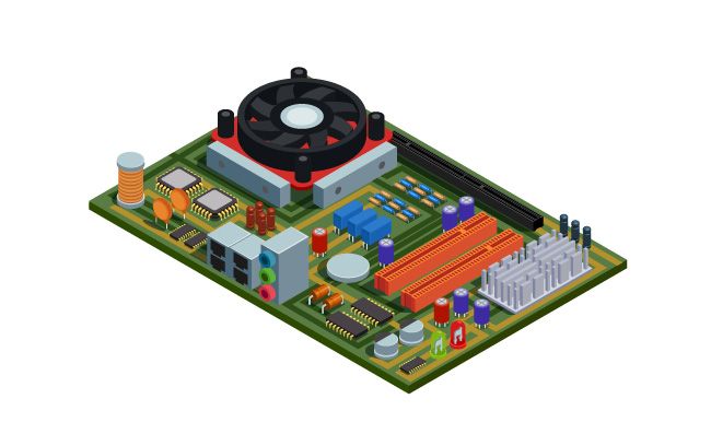 电脑芯片主板pc矢量图带有半导体元件插槽微芯片电容器二极管晶体管元素矢量
