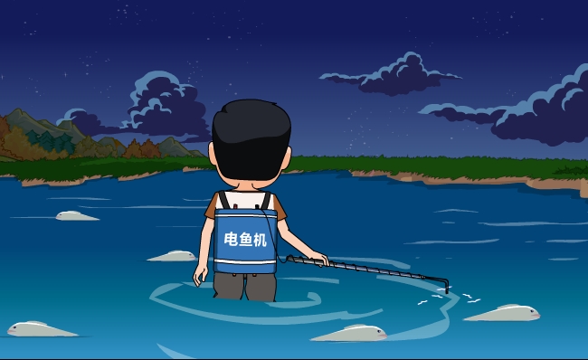 夜晚人物背着电鱼机器电